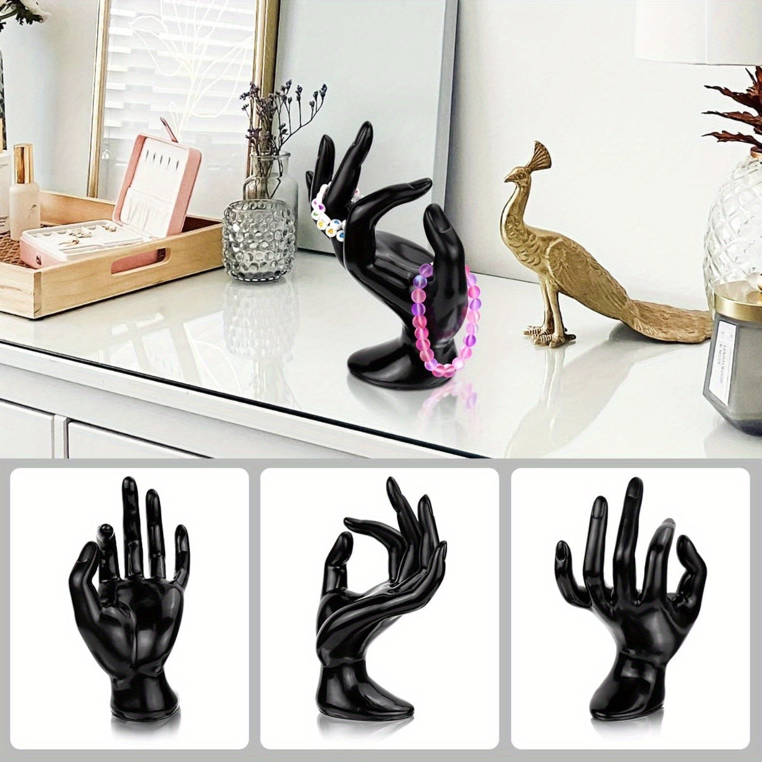 3-Pack Clear, White, Black Jewelry Display Stands - Sturdy Base Mannequin Hand Organizer with - for Home, Salon, Boutique - No Assembly Needed Jewelry Rack for Rings, Bracelets, Watches, Earrings - Space-Saving Countertop or Shelf Storage, Jewelry
