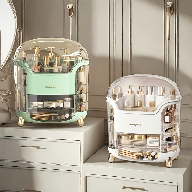 Large Capacity Plastic Cosmetic Organizer with Drawers & Compartments - Elegant Pastel Mint Green & White Portable Makeup Storage Box, Golden-Toned Hardware, Durable Lightweight Design for Bathroom, Vanity, Bedroom - Jewelry & Accessory Organizer, No