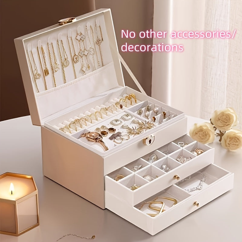 Fashionable High-End Jewelry Storage Box with Three Drawers, Large Capacity, Elegant Desktop Display Box, Multiple Compartments for Necklaces, Earrings, Rings, And Bracelets, No Power Required