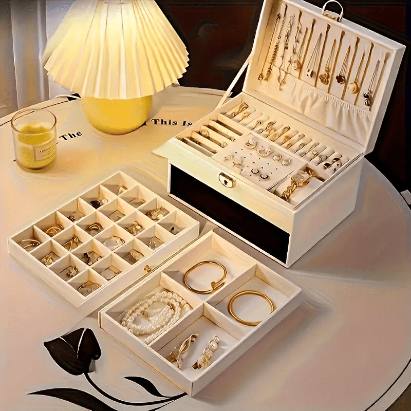 Vintage Elegant Jewelry Organizer Box with Soft Beige/Lined Interior - Multi-Layer Storage for Necklaces, Earrings, Rings, Watches - Elegant Jewelry Case for Wedding, Home Decor, Birthday/Anniversary Gift - Durable PU Leather Construction, Wedding