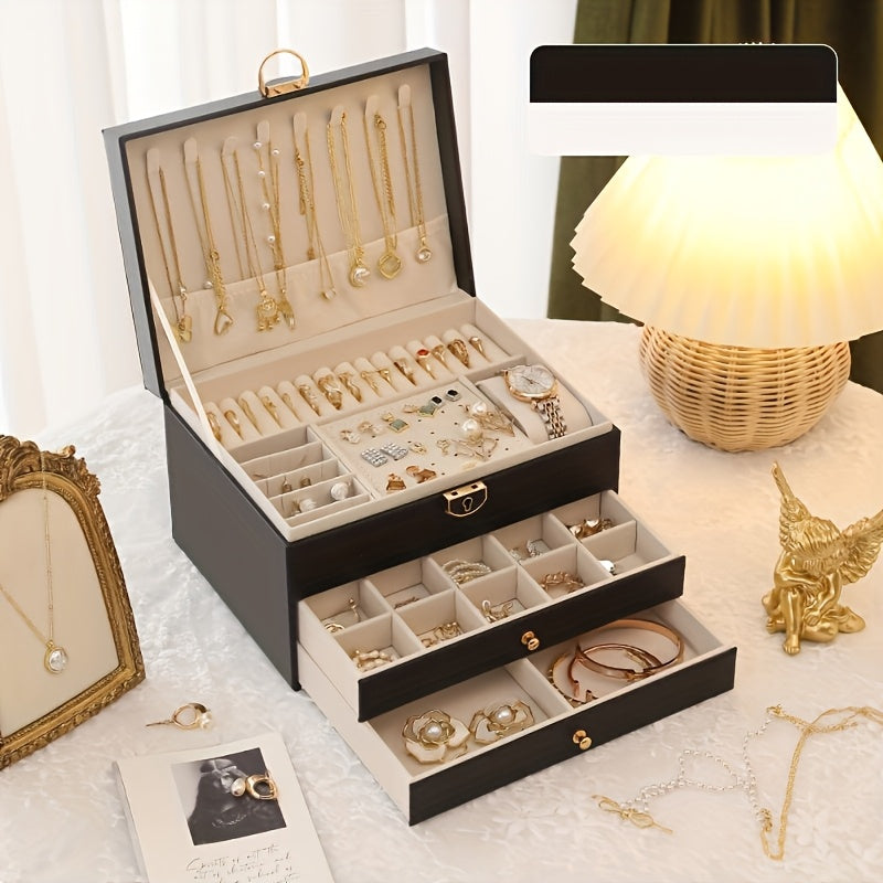 Fashionable High-End Jewelry Storage Box with Three Drawers, Large Capacity, Elegant Desktop Display Box, Multiple Compartments for Necklaces, Earrings, Rings, And Bracelets, No Power Required