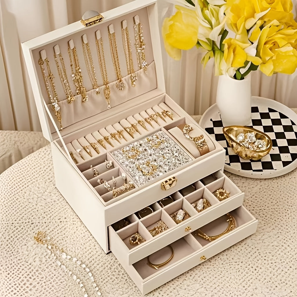 Fashionable High-End Jewelry Storage Box with Three Drawers, Large Capacity, Elegant Desktop Display Box, Multiple Compartments for Necklaces, Earrings, Rings, And Bracelets, No Power Required