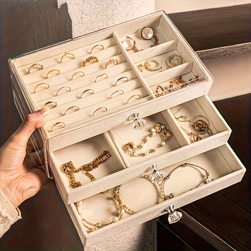 A Three-Layer Acrylic Jewelry Storage Box with Drawers for Earrings, Rings, And Necklaces - Featuring a Moisture-Proof Faux Leather Lining And a Modern Design, This Luxurious Large-Capacity Display Box Set Includes Six Pieces, Making It Perfect for Gifts