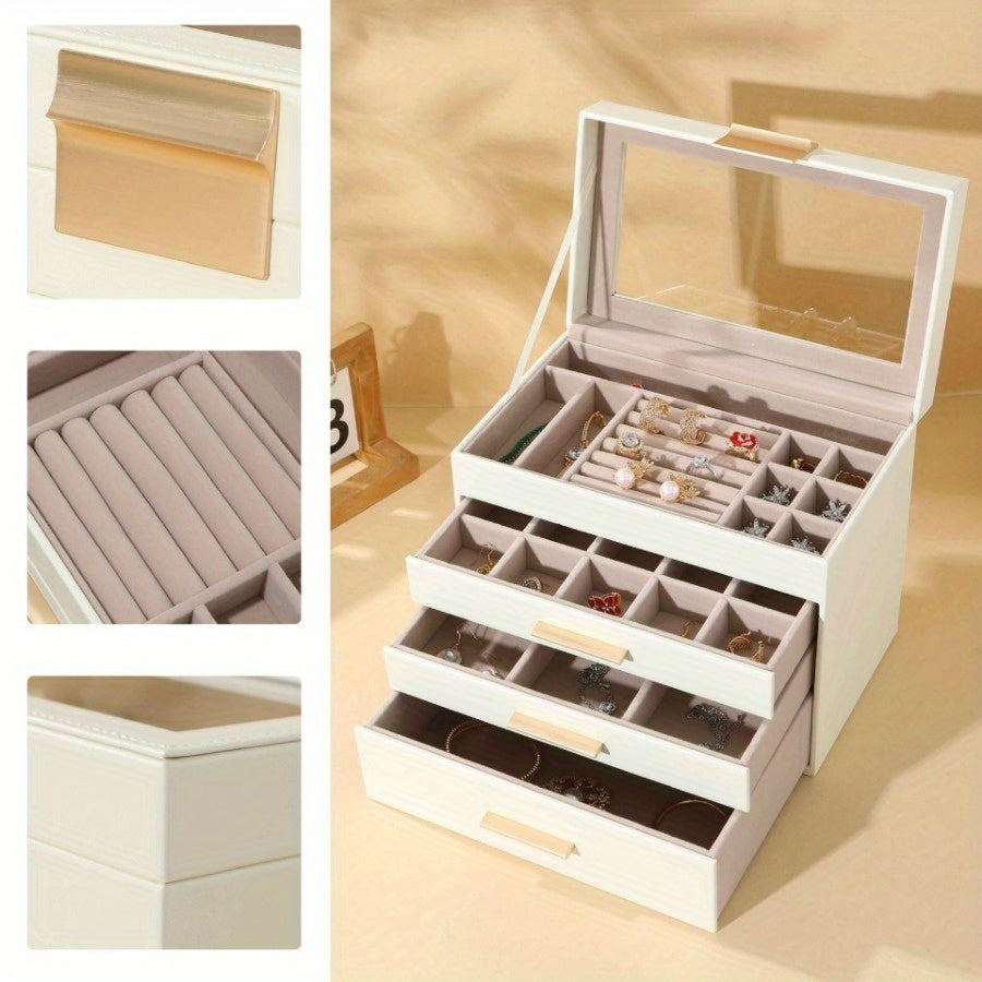 4-Layer Octagonal Faux Leather Jewelry Organizer with Transparent Drawers - Ring, Earring & Necklace Storage Box, Soft-Lined Compartments, Golden Handles, Polished Finish for Dresser or Desk - Elegant Gift for Mother’s Day, Valentine’s, Thanksgiving,