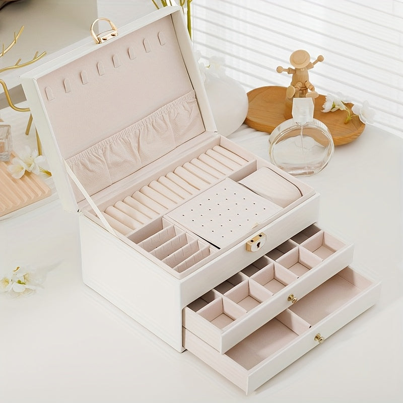 Women's Elegant Multi-Drawer Jewelry Box with Locking Mechanism & Soft Fabric-Like Lining - Multi-Compartment Organizer for Necklaces, Rings, Earrings, Bracelets - Durable Construction, Multi-Color Options, Decorative Storage Case for Home & Office -