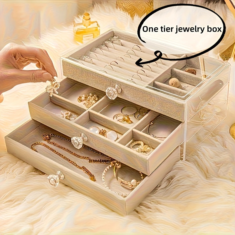 A Three-Layer Acrylic Jewelry Storage Box with Drawers for Earrings, Rings, And Necklaces - Featuring a Moisture-Proof Faux Leather Lining And a Modern Design, This Luxurious Large-Capacity Display Box Set Includes Six Pieces, Making It Perfect for Gifts