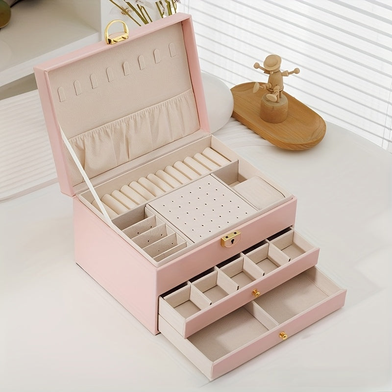 Women's Elegant Multi-Drawer Jewelry Box with Locking Mechanism & Soft Fabric-Like Lining - Multi-Compartment Organizer for Necklaces, Rings, Earrings, Bracelets - Durable Construction, Multi-Color Options, Decorative Storage Case for Home & Office -