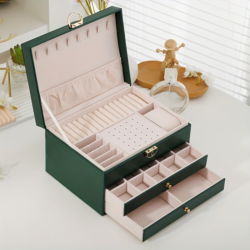 Women's Elegant Multi-Drawer Jewelry Box with Locking Mechanism & Soft Fabric-Like Lining - Multi-Compartment Organizer for Necklaces, Rings, Earrings, Bracelets - Durable Construction, Multi-Color Options, Decorative Storage Case for Home & Office -