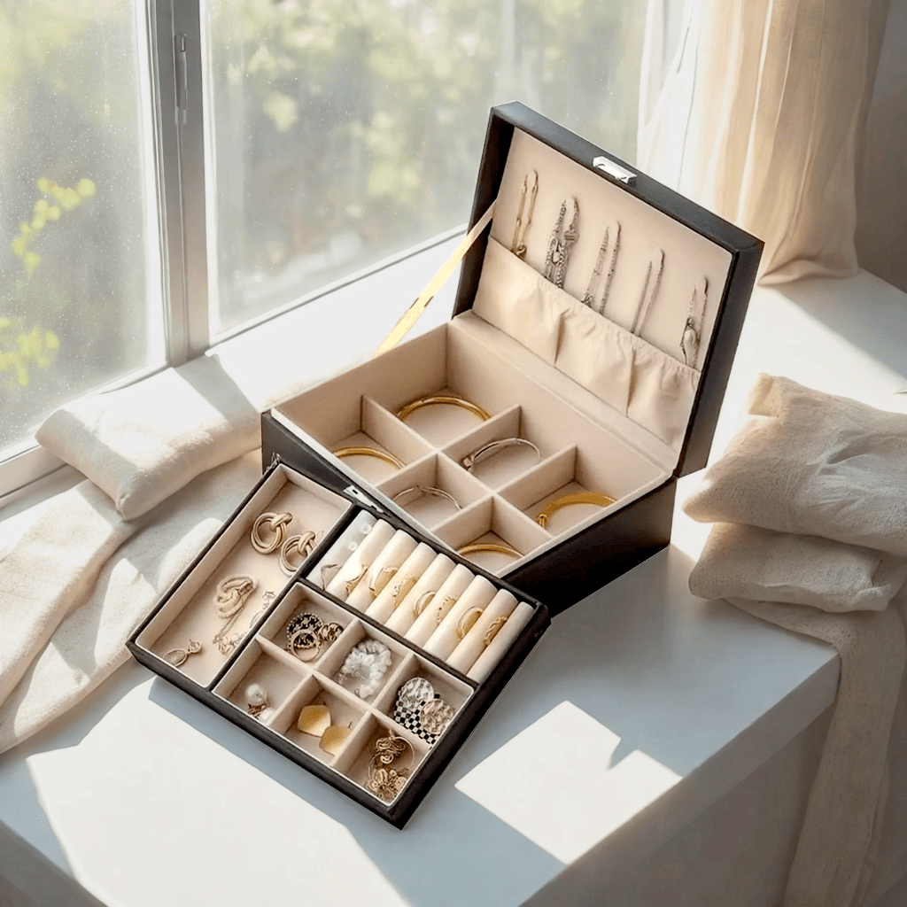 Vintage Elegant Jewelry Organizer Box with Soft Beige/Lined Interior - Multi-Layer Storage for Necklaces, Earrings, Rings, Watches - Elegant Jewelry Case for Wedding, Home Decor, Birthday/Anniversary Gift - Durable PU Leather Construction, Wedding